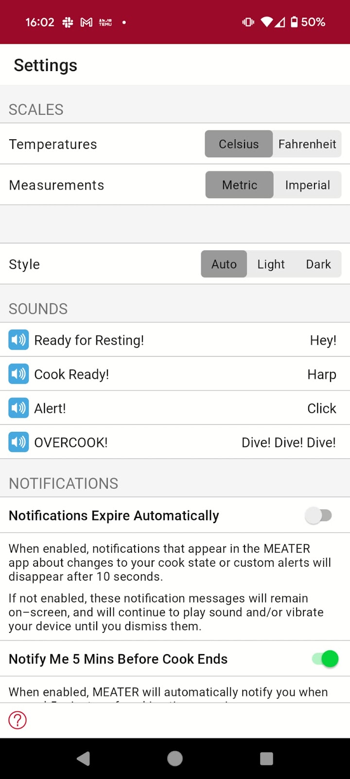 meater app android - temperature units